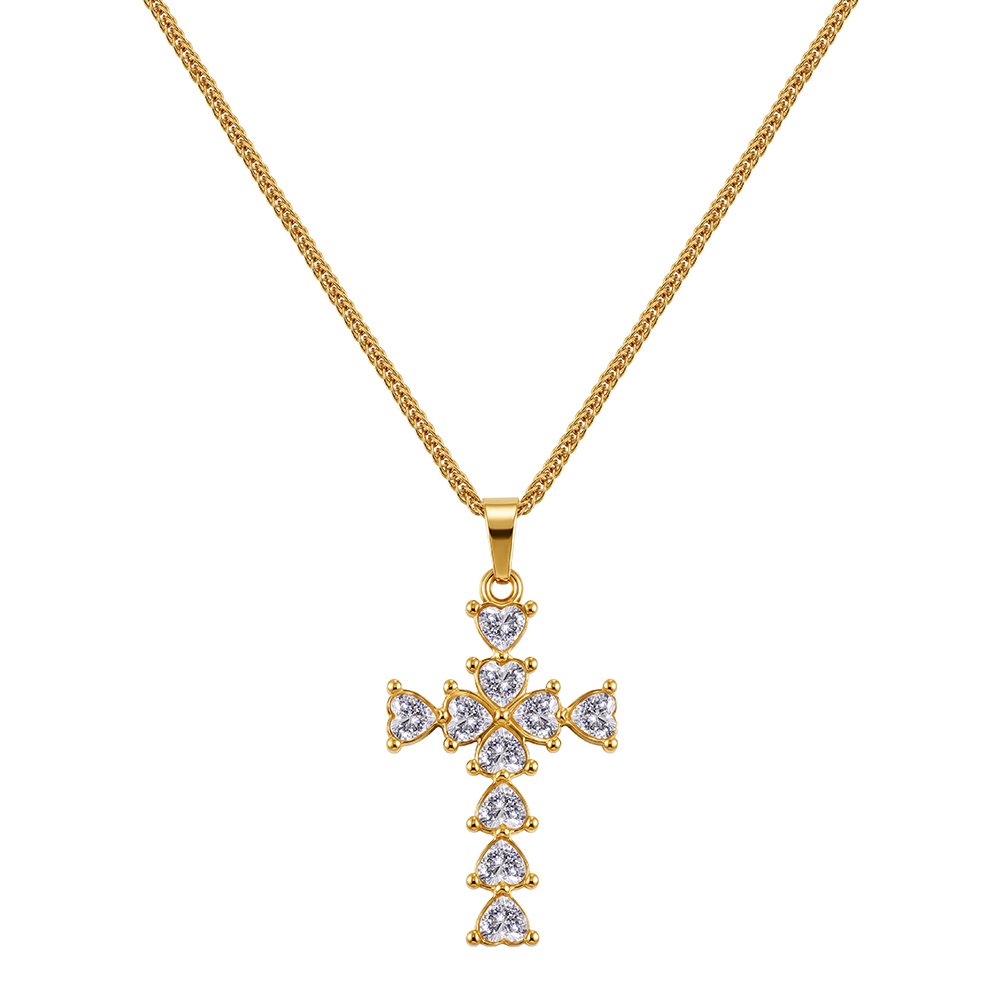 Gold-plated 304 stainless steel cross pendant necklace with cubic zirconia